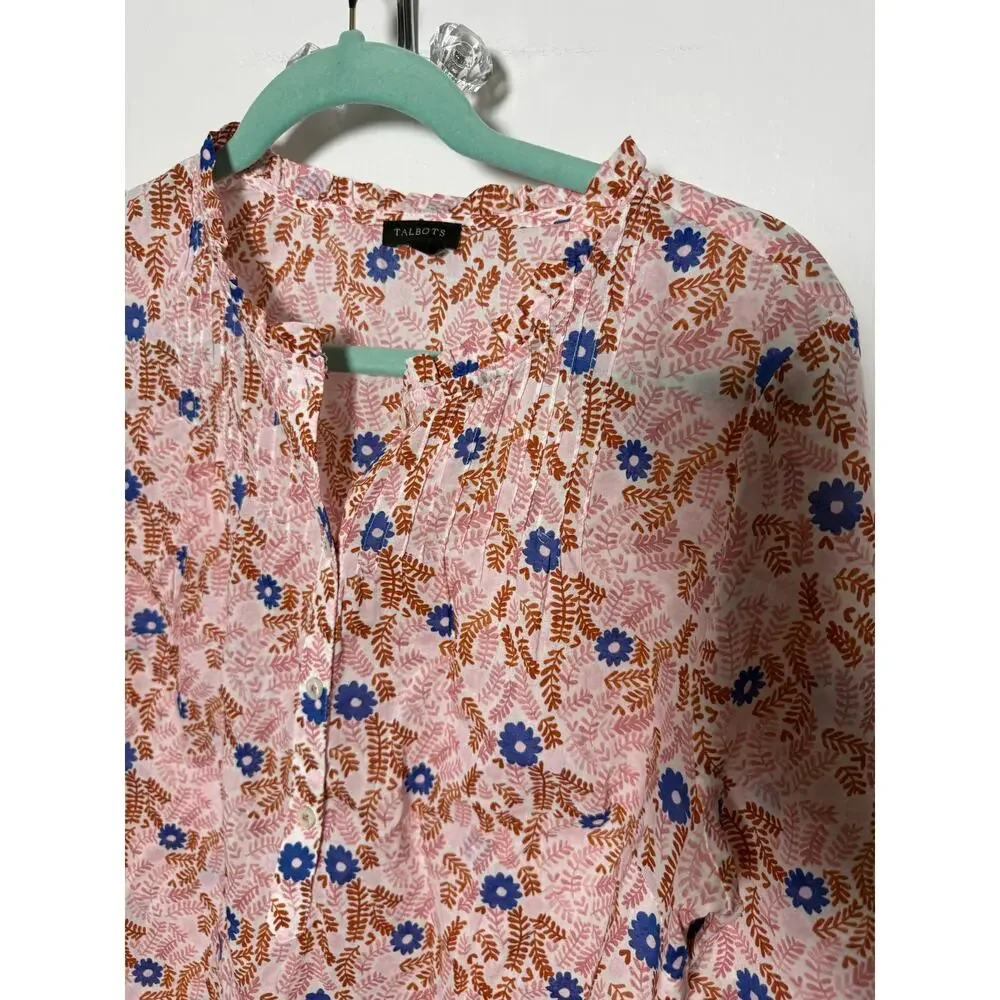Talbots Orange Blue Floral Ruffle Spring Poplin Popover Blouse Women's Medium - Picture 3 of 8